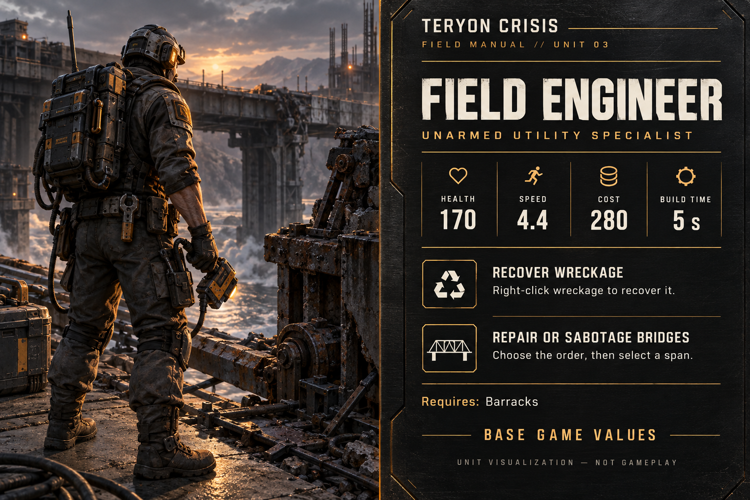 Field engineer illustrated unit card: 170 HP, speed 4.4 game units, cost 280, build time 5 seconds, Barracks required. Unit illustration — NOT GAMEPLAY.
